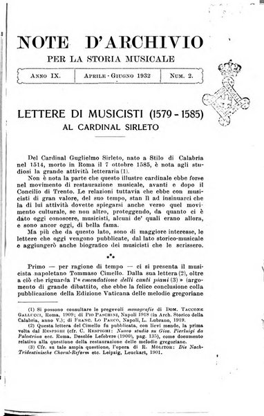 Note d'archivio per la storia musicale periodico trimestrale