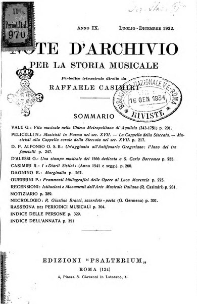 Note d'archivio per la storia musicale periodico trimestrale