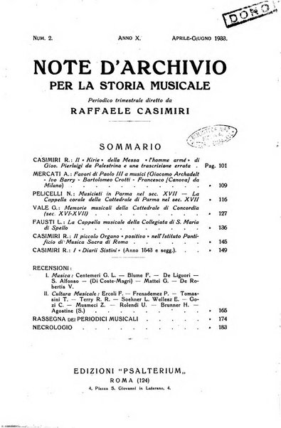 Note d'archivio per la storia musicale periodico trimestrale