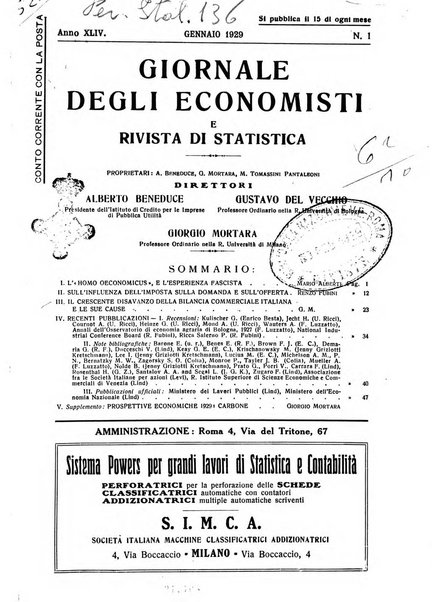 Giornale degli economisti e rivista di statistica