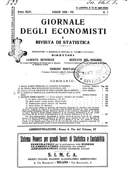 Giornale degli economisti e rivista di statistica