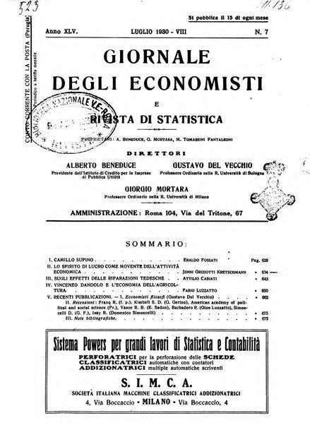 Giornale degli economisti e rivista di statistica