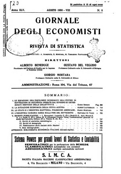 Giornale degli economisti e rivista di statistica