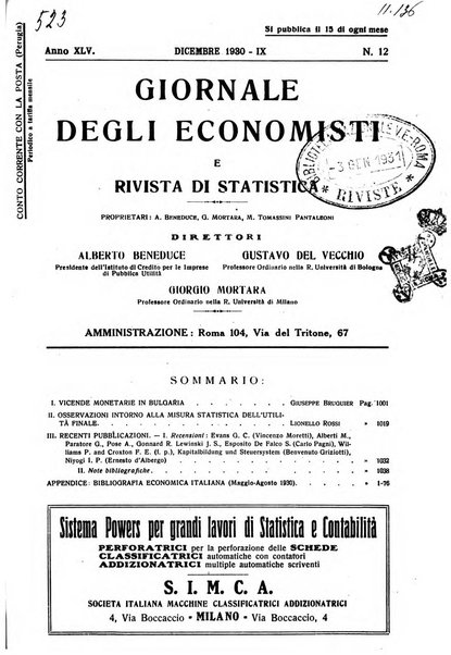 Giornale degli economisti e rivista di statistica