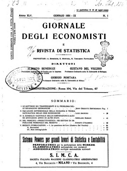 Giornale degli economisti e rivista di statistica