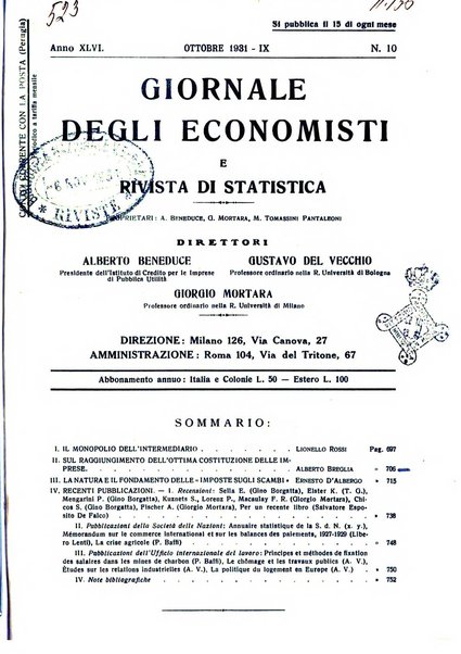 Giornale degli economisti e rivista di statistica