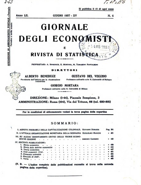 Giornale degli economisti e rivista di statistica