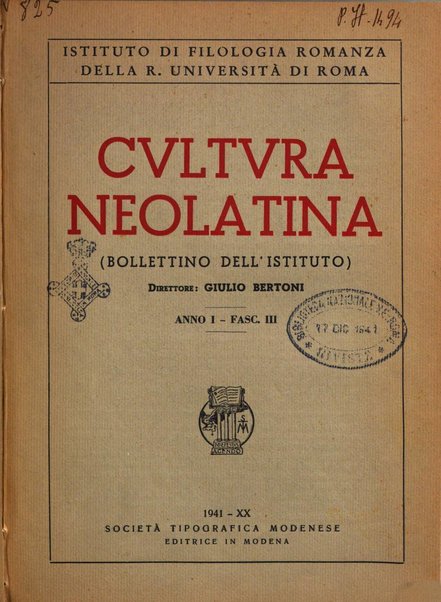 Cultura neolatina bollettino dell'Istituto di filologia romanza dell'Università di Roma