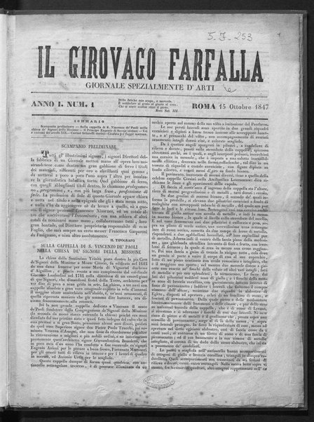 Il girovago farfalla : giornale spezialente d'arti