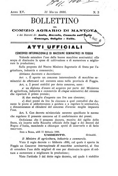 Bollettino del comizio agrario di Mantova e dei distretti riuniti di Asola, Bozzolo, Canneto sull'Oglio, Gonzaga, Ostiglia, Volta