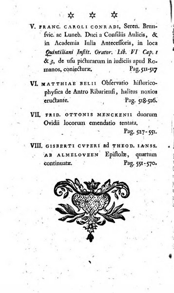 Miscellanea Lipsiensia nova, ad incrementum scientiarum, ab his qui sunt in colligendis Eruditorum novis actis occupati per partes publicata. Edendi consilium suscepit, sua nonnulla passim addidit, praefationem, qua instituti ratio explicatur, praemisit Frider. Otto Menckenius phil et I.V. Doctor