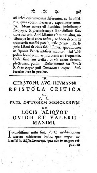 Miscellanea Lipsiensia nova, ad incrementum scientiarum, ab his qui sunt in colligendis Eruditorum novis actis occupati per partes publicata. Edendi consilium suscepit, sua nonnulla passim addidit, praefationem, qua instituti ratio explicatur, praemisit Frider. Otto Menckenius phil et I.V. Doctor