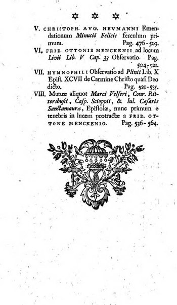 Miscellanea Lipsiensia nova, ad incrementum scientiarum, ab his qui sunt in colligendis Eruditorum novis actis occupati per partes publicata. Edendi consilium suscepit, sua nonnulla passim addidit, praefationem, qua instituti ratio explicatur, praemisit Frider. Otto Menckenius phil et I.V. Doctor