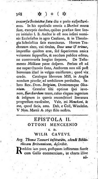 Miscellanea Lipsiensia nova, ad incrementum scientiarum, ab his qui sunt in colligendis Eruditorum novis actis occupati per partes publicata. Edendi consilium suscepit, sua nonnulla passim addidit, praefationem, qua instituti ratio explicatur, praemisit Frider. Otto Menckenius phil et I.V. Doctor