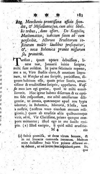 Miscellanea Lipsiensia nova, ad incrementum scientiarum, ab his qui sunt in colligendis Eruditorum novis actis occupati per partes publicata. Edendi consilium suscepit, sua nonnulla passim addidit, praefationem, qua instituti ratio explicatur, praemisit Frider. Otto Menckenius phil et I.V. Doctor