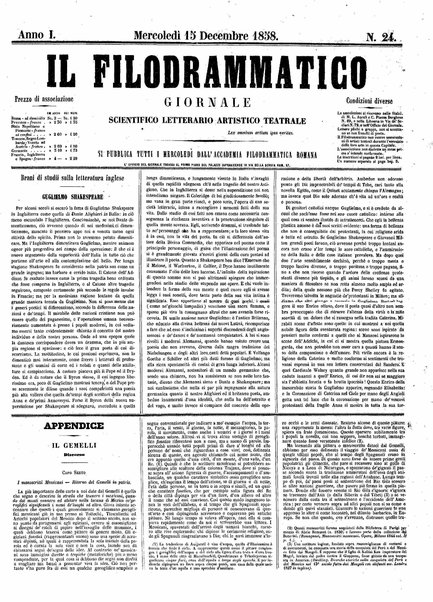 Il filodrammatico : giornale scientifico, letterario, artistico, teatrale : si pubblica tutti i mercoledi dall'Accademia filodrammatica romana