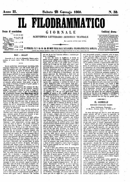 Il filodrammatico : giornale scientifico, letterario, artistico, teatrale : si pubblica tutti i mercoledi dall'Accademia filodrammatica romana