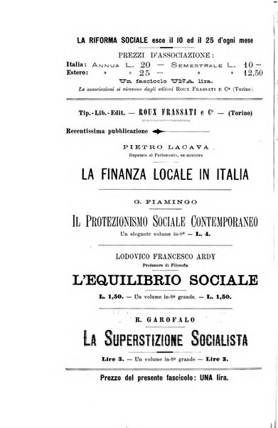 La riforma sociale rassegna di scienze sociali e politiche