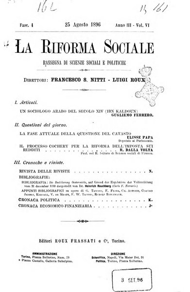 La riforma sociale rassegna di scienze sociali e politiche