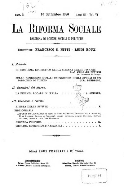 La riforma sociale rassegna di scienze sociali e politiche