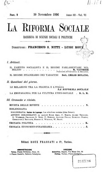 La riforma sociale rassegna di scienze sociali e politiche