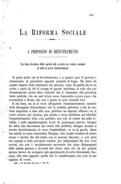 La riforma sociale rassegna di scienze sociali e politiche