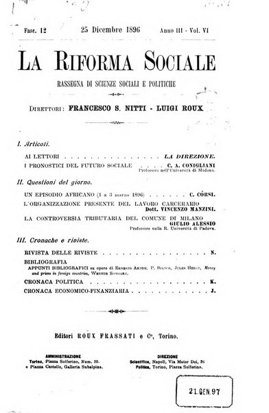 La riforma sociale rassegna di scienze sociali e politiche