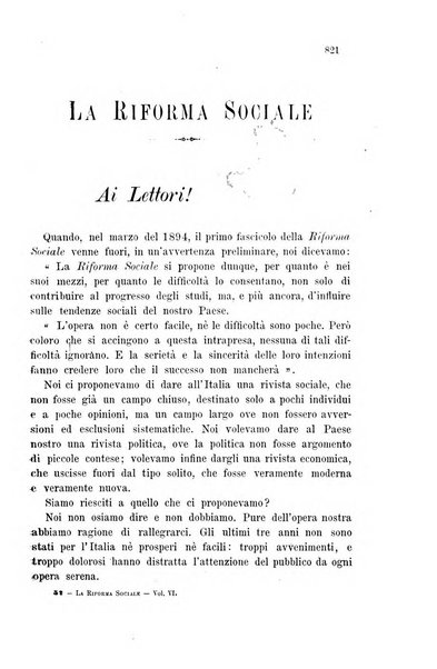 La riforma sociale rassegna di scienze sociali e politiche