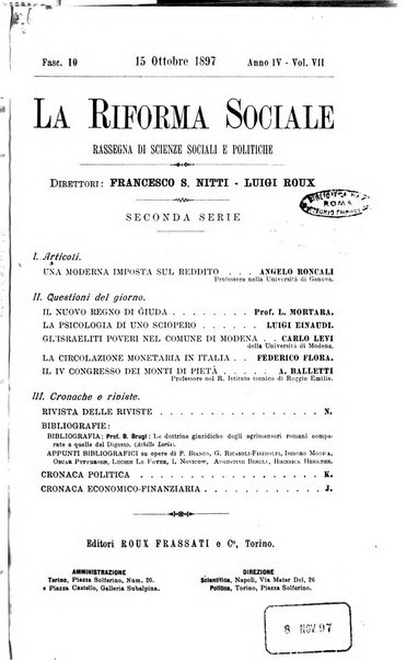 La riforma sociale rassegna di scienze sociali e politiche