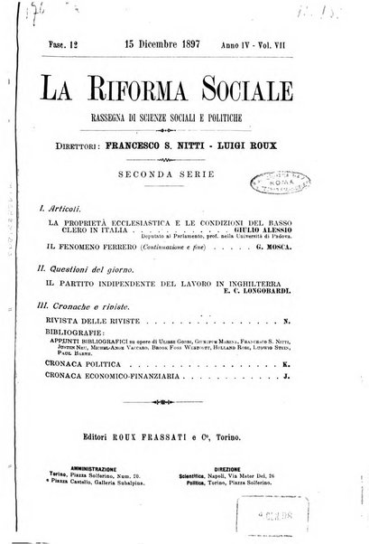 La riforma sociale rassegna di scienze sociali e politiche