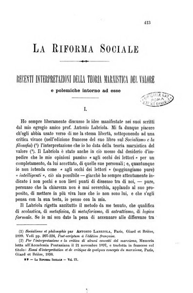 La riforma sociale rassegna di scienze sociali e politiche