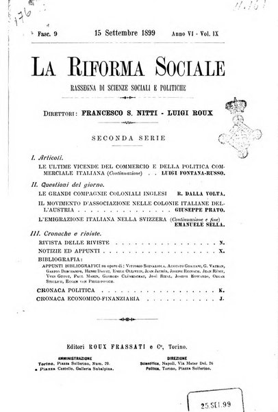 La riforma sociale rassegna di scienze sociali e politiche