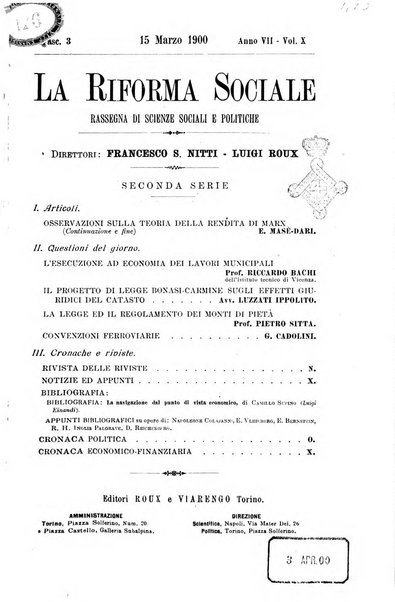 La riforma sociale rassegna di scienze sociali e politiche