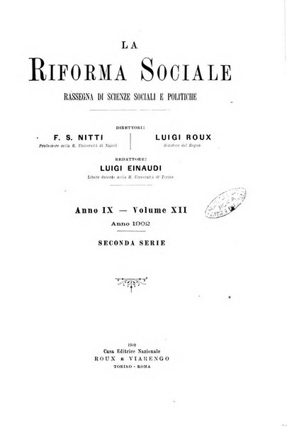 La riforma sociale rassegna di scienze sociali e politiche