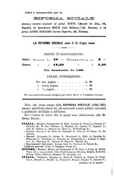 La riforma sociale rassegna di scienze sociali e politiche