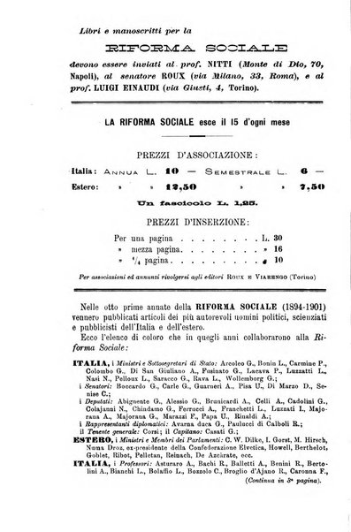 La riforma sociale rassegna di scienze sociali e politiche