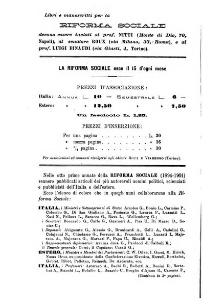 La riforma sociale rassegna di scienze sociali e politiche