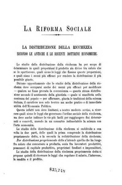 La riforma sociale rassegna di scienze sociali e politiche