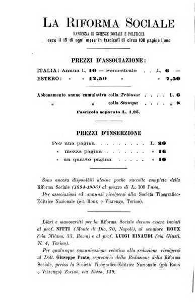 La riforma sociale rassegna di scienze sociali e politiche