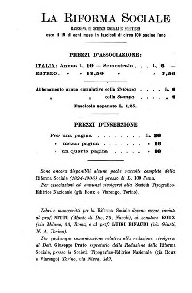 La riforma sociale rassegna di scienze sociali e politiche