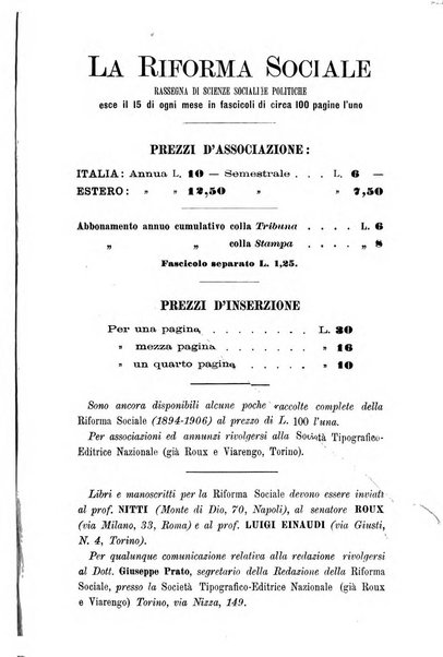 La riforma sociale rassegna di scienze sociali e politiche