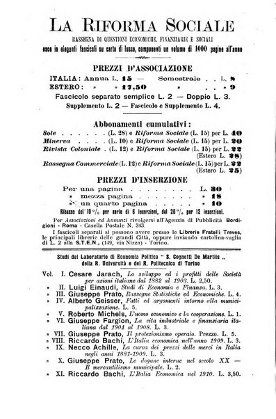 La riforma sociale rassegna di scienze sociali e politiche