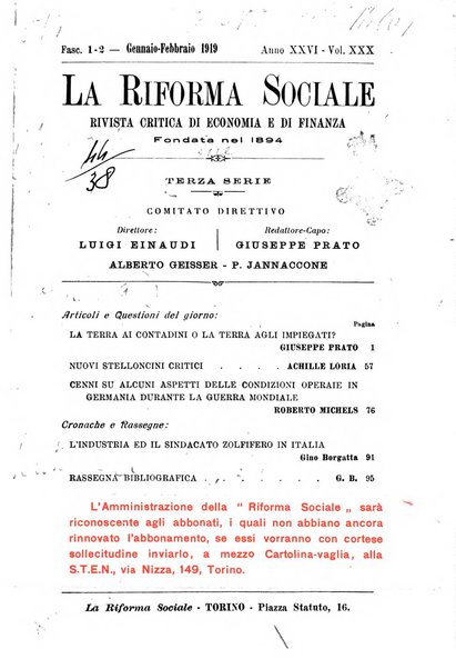 La riforma sociale rassegna di scienze sociali e politiche