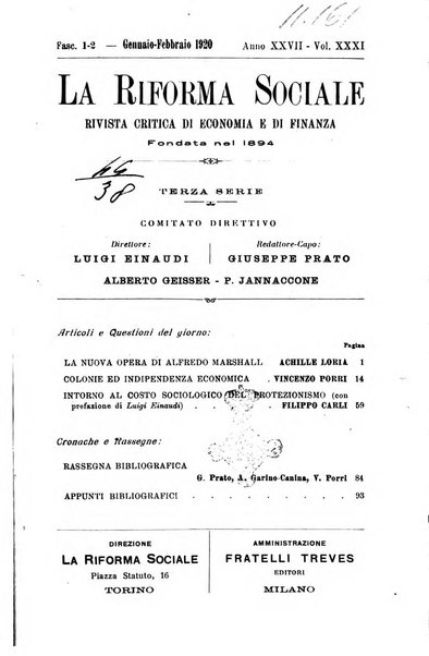 La riforma sociale rassegna di scienze sociali e politiche