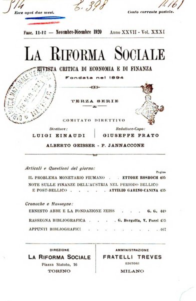 La riforma sociale rassegna di scienze sociali e politiche