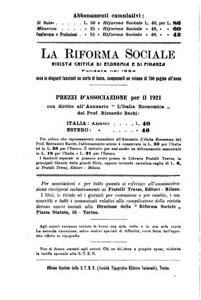 La riforma sociale rassegna di scienze sociali e politiche