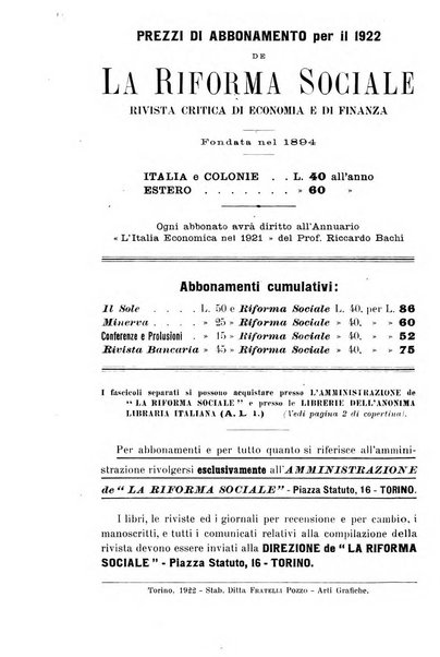 La riforma sociale rassegna di scienze sociali e politiche