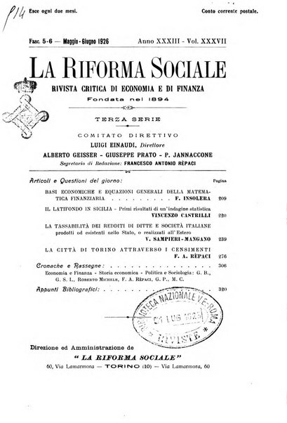 La riforma sociale rassegna di scienze sociali e politiche