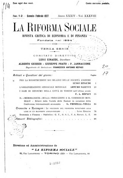 La riforma sociale rassegna di scienze sociali e politiche