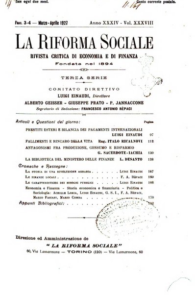 La riforma sociale rassegna di scienze sociali e politiche